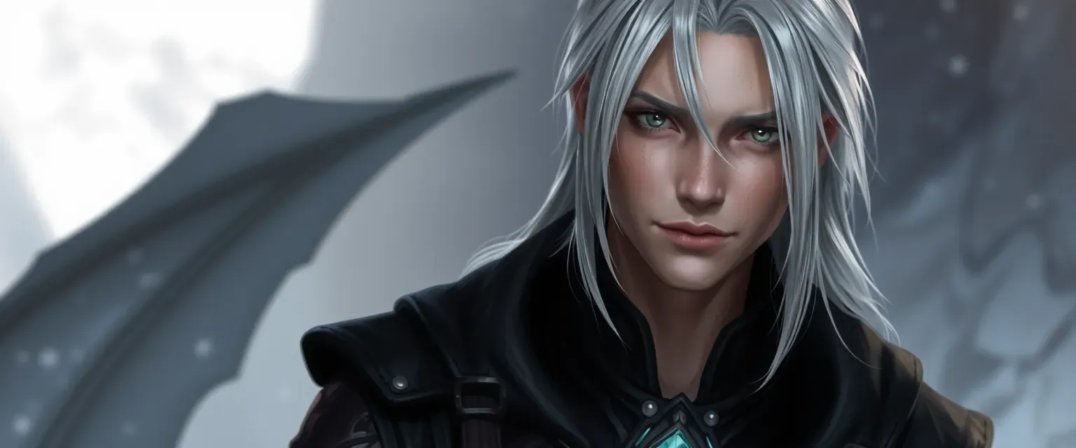 22-year-old fallen aasimar with pale skin, muted gray eyes, and silver hair, wearing dark leathers with a faintly glowing pendant.