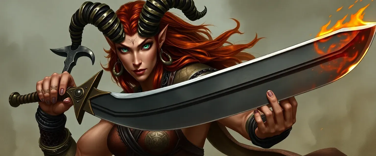 A muscular Satyr woman with chestnut fur and green eyes, wielding a Flame Tongue Greatsword, wearing mixed leather and chainmail armor with faded holy symbols.