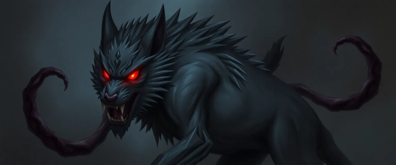 Dark grey wolf with red glowing eyes, summoning tentacles from his back, muscular and menacing.
