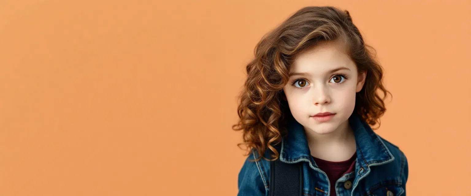 Thirteen-year-old girl with curly brown hair, hazel eyes, wearing a denim jacket and sneakers.