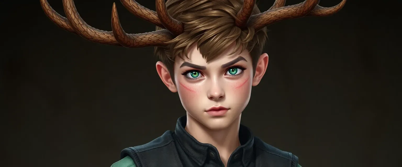 16-year-old boy with deer antlers and dragon scales, green eyes, leather vest and trousers.