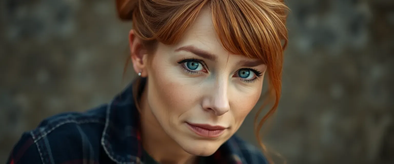 Late fifties woman with weathered skin, piercing green eyes, faded copper hair in a bun, wearing worn denim and flannel.