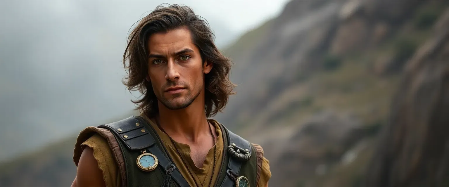 Malthe is a lean man with olive skin, deep hazel eyes flecked with gold, and dark wavy hair falling past his shoulders. He wears earth-toned tunics and a leather vest adorned with trinkets from travels.