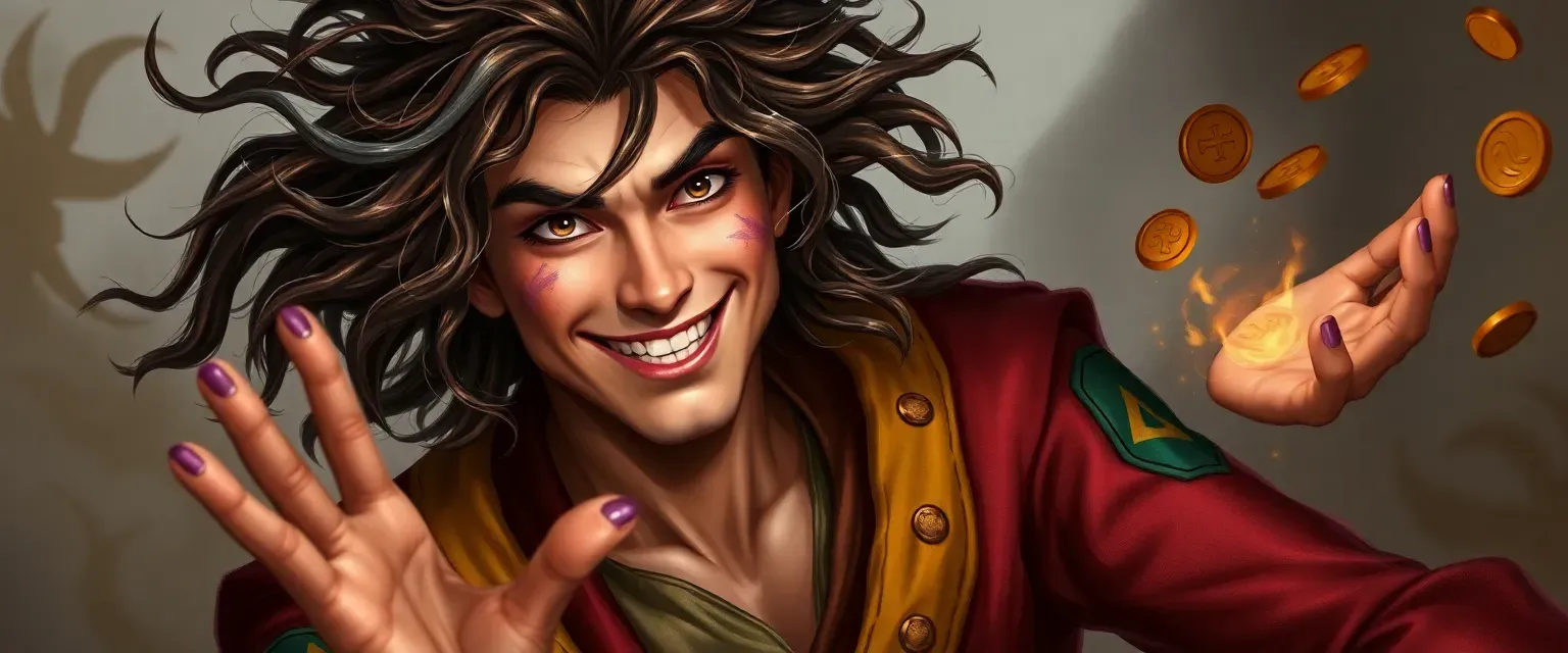 A 35-year-old lean sorcerer with wild chestnut curls streaked silver, scarred purple burns on arm and cheek, grinning hazel eyes, wearing mismatched crimson-gold-emerald silk robes, juggling copper coins.
