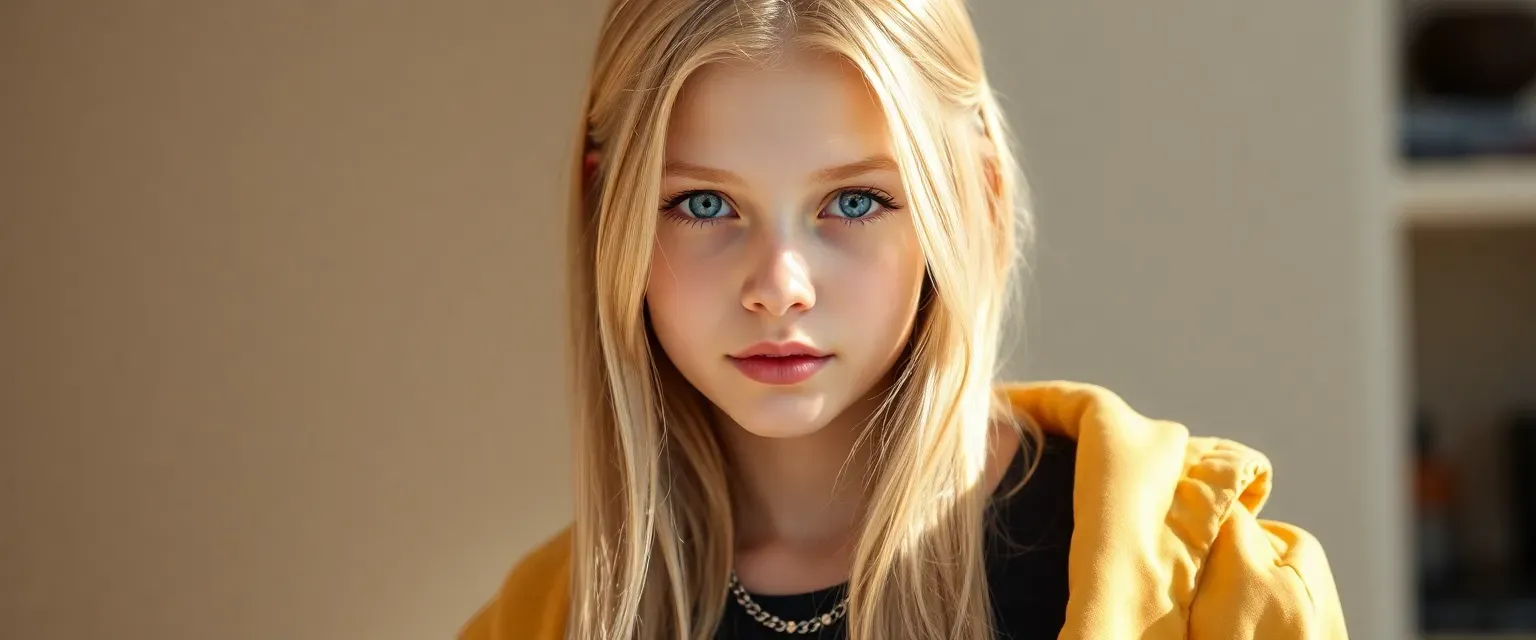 14-year-old blonde girl with blue eyes, thin frame, wearing expensive clothes.