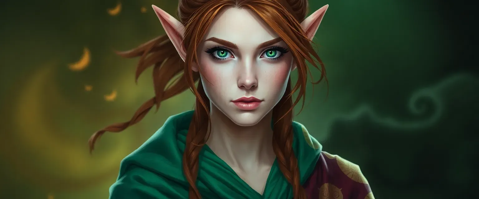 Half-elf woman with chestnut hair, green eyes, and a robe that shifts in color, symbolizing her dual heritage as a monk and druid.