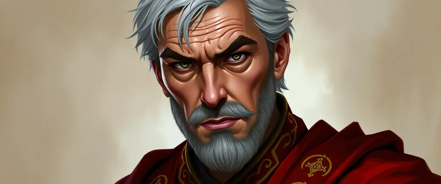 A middle-aged man with short silver-streaked hair, wearing crimson robes with gold embroidery, his eyes sharp and calculating.