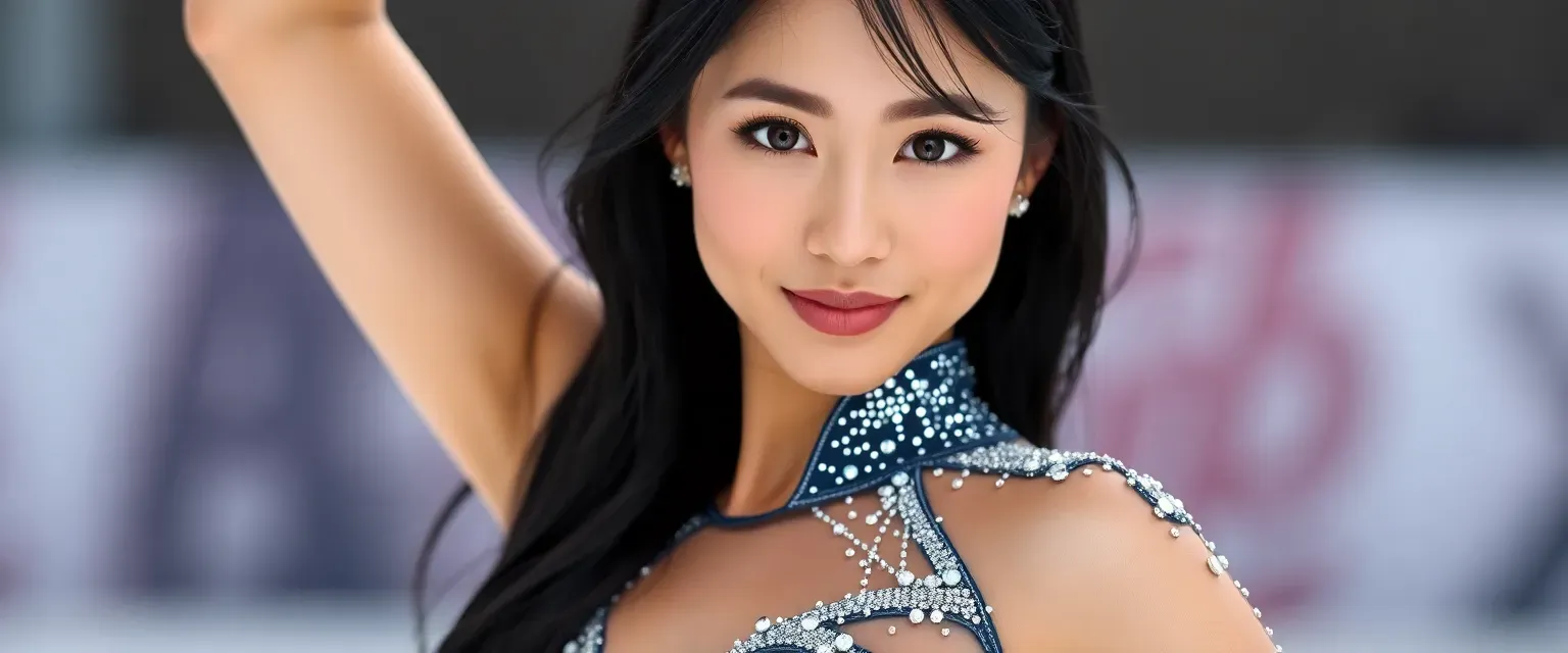 28-year-old Asian woman, athletic build, long black hair, deep brown eyes, wearing a sparkling ice skating costume.