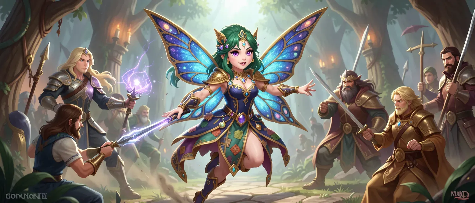 Tiny female fairy with pixie traits, butterfly wings in sapphire and gold, emerald hair, pearl skin, adorned in jewelry and patchwork noble attire, violet eyes sparkling mischievously.