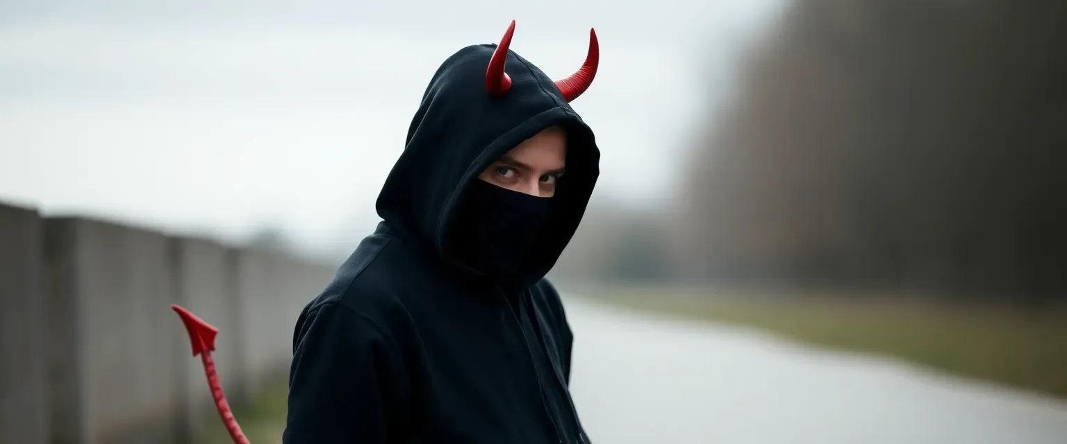 Young man with black hoodie, red pants, devil horns, tail, and a mask covering mouth, nose, and neck.