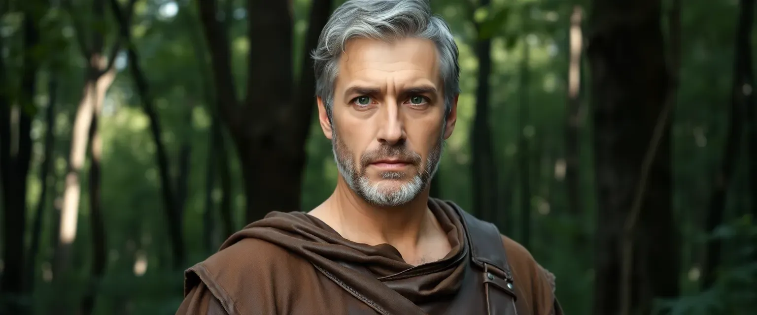 A middle-aged man with graying hair and green eyes, wearing a worn leather tunic, standing amidst a dense forest.