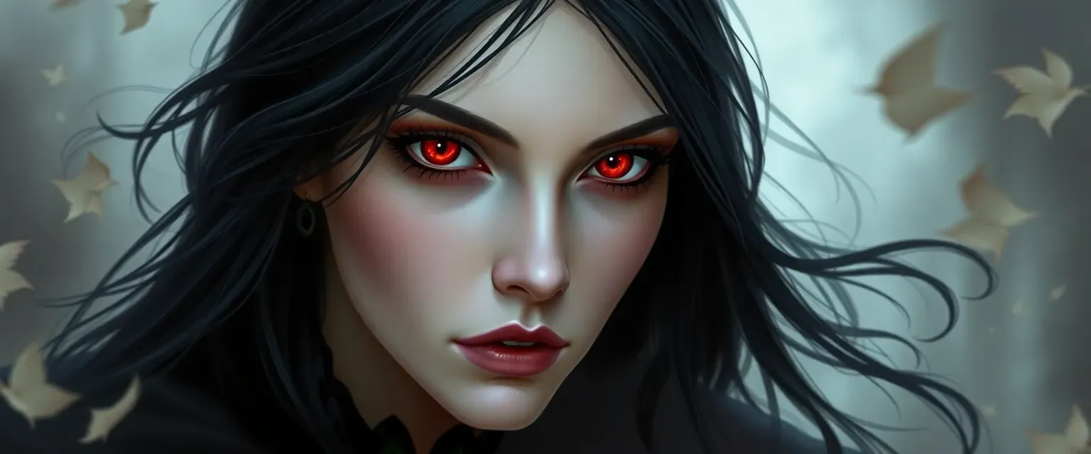 Young vampire woman with alabaster skin, crimson eyes, and long raven-black hair, wearing a dark elegant gown and a flowing cloak.
