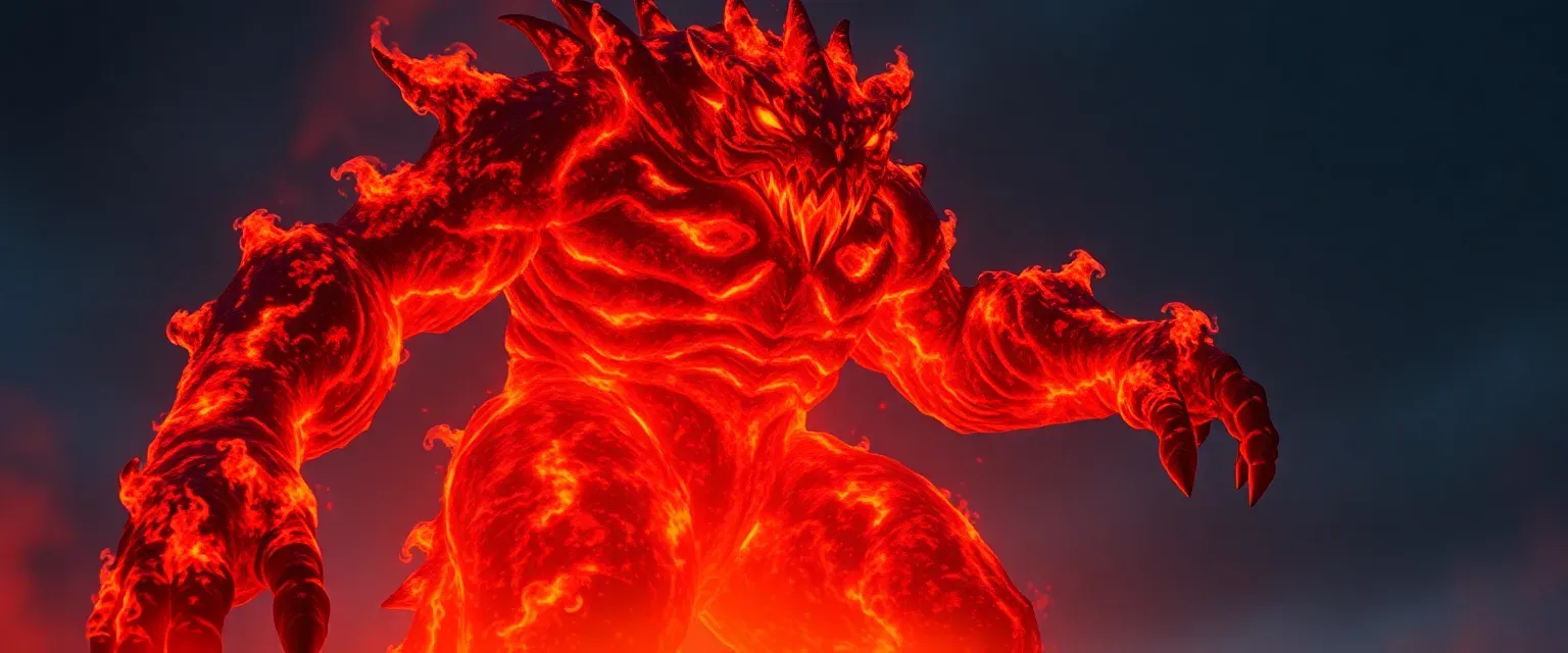 A towering, twelve-foot tall creature with a body of living flame, charred black and smoldering red skin, and glowing orange eyes.