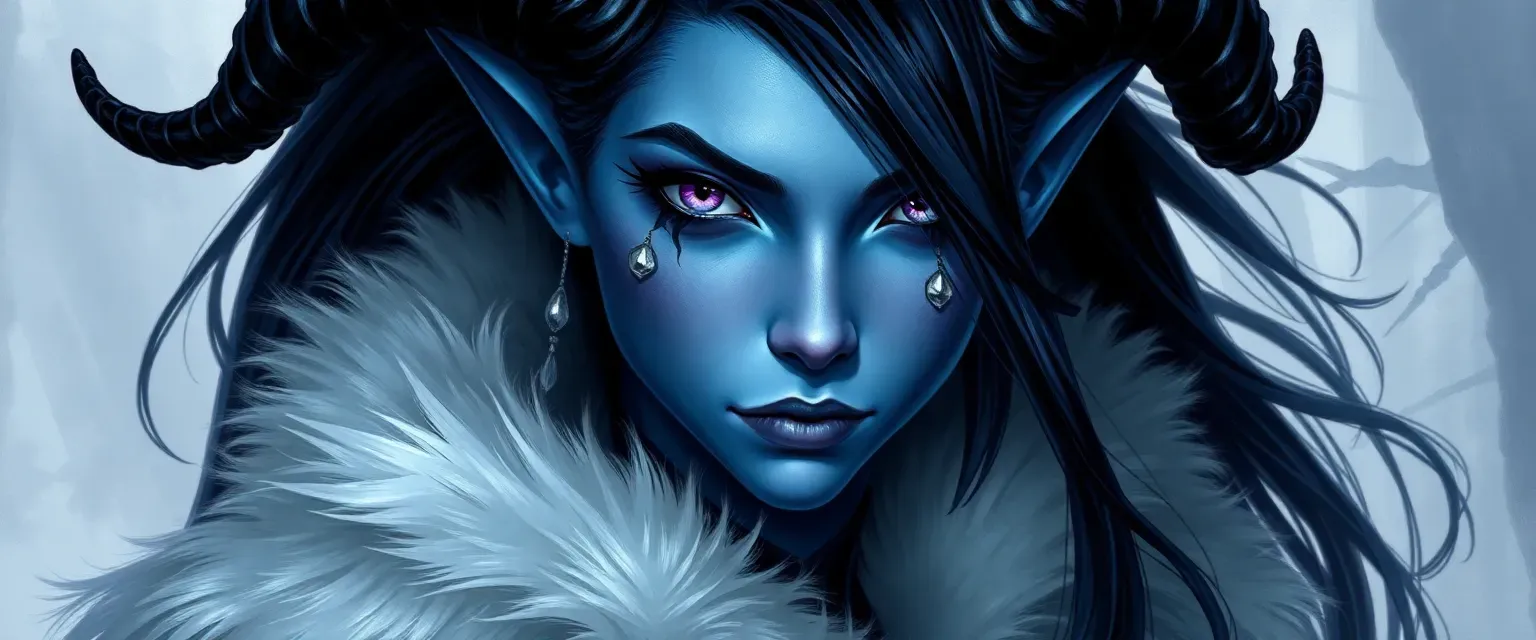 22-year-old female tiefling with icy blue skin, purple eyes, raven black hair, elegant curved horns, wearing indigo velvet robes with silver illusions and white fox fur cloak.