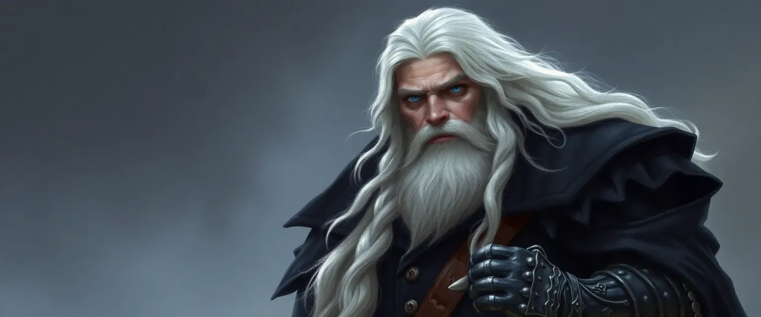 Giant ruler with long white hair, blue eyes, pale skin, wearing a black coat and metal gauntlets.