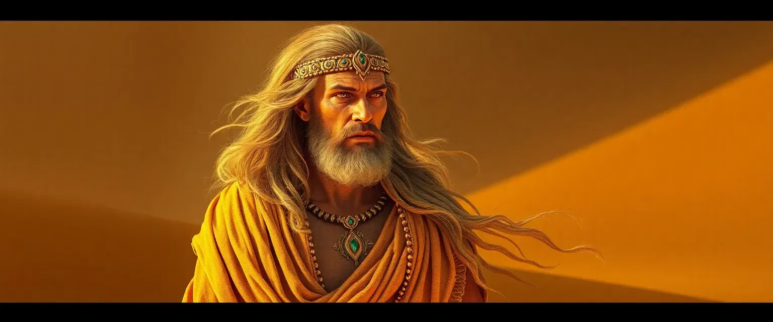 Saand, God of Sand: Ageless deity with bronze skin shimmering like golden sand. Amber eyes reflect shifting dunes; long hair flows like streams of fine sand. Wears robes woven from silk spun by desert spiders.