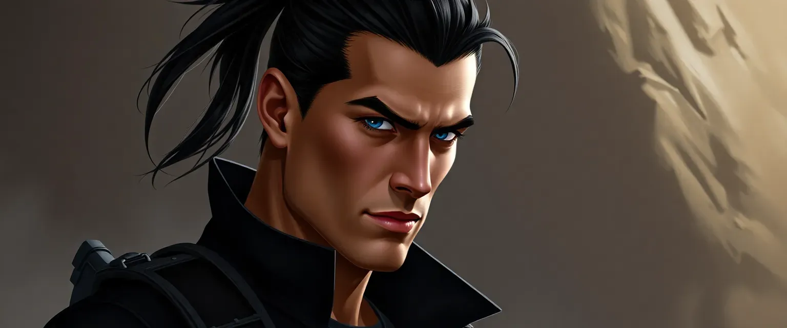 Tall, muscular man in his 30s with dark hair in a ponytail, sharp features, blue eyes, and a facial scar, wearing a black jacket and combat boots.
