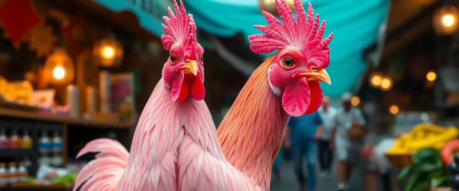 A pink rooster with shimmering feathers and deep brown eyes, standing confidently in a bustling town market.