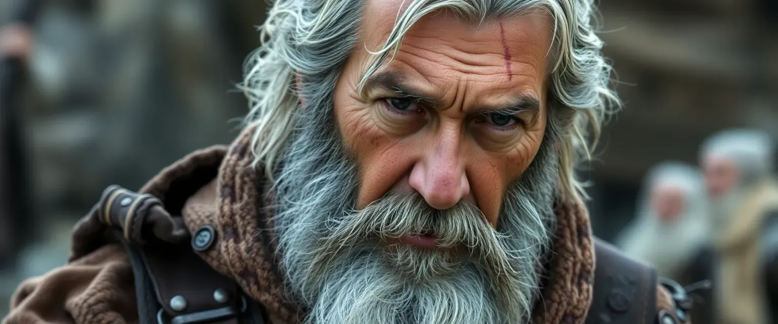 A fifty-two-year-old war veteran with gray hair, a beard, and battle scars, wearing rugged clothing.