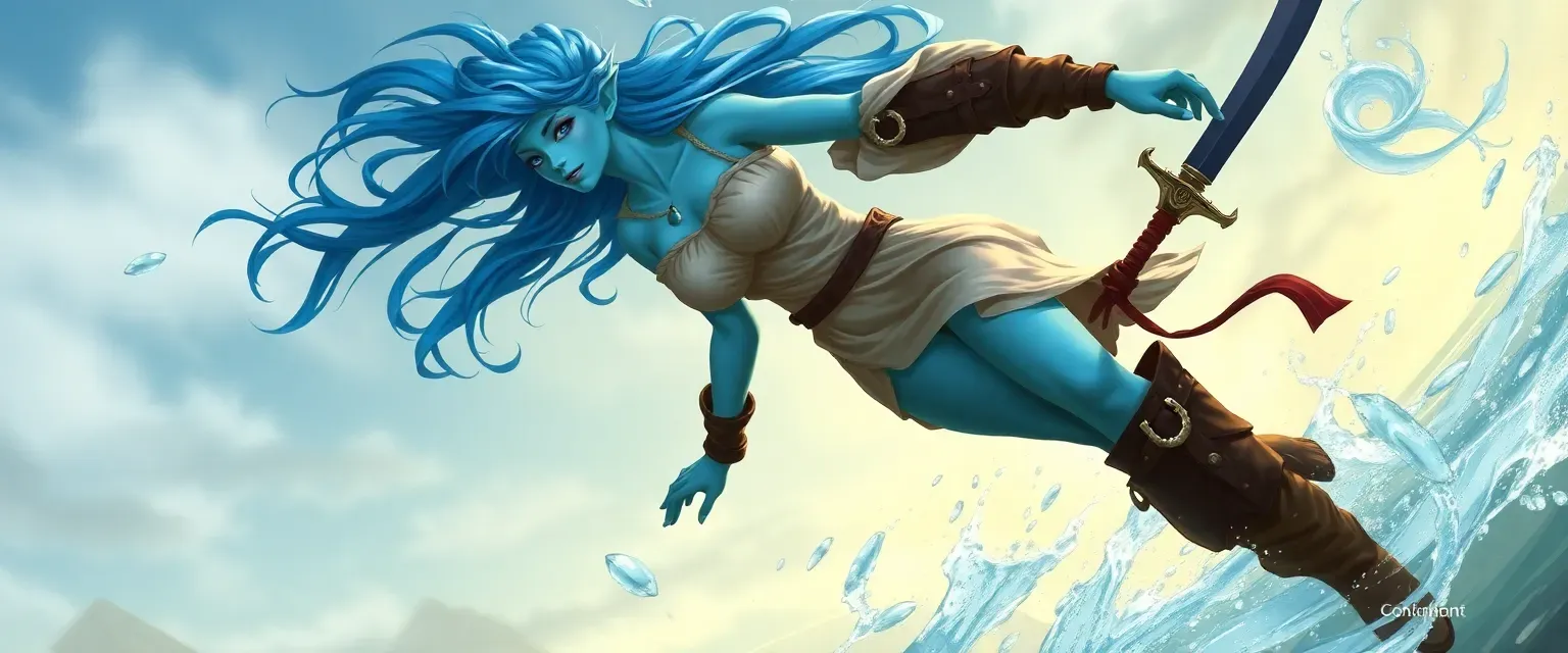Azure-skinned water genasi with flowing water hair, wearing sea silk tunic and pirate boots, holding a cutlass.