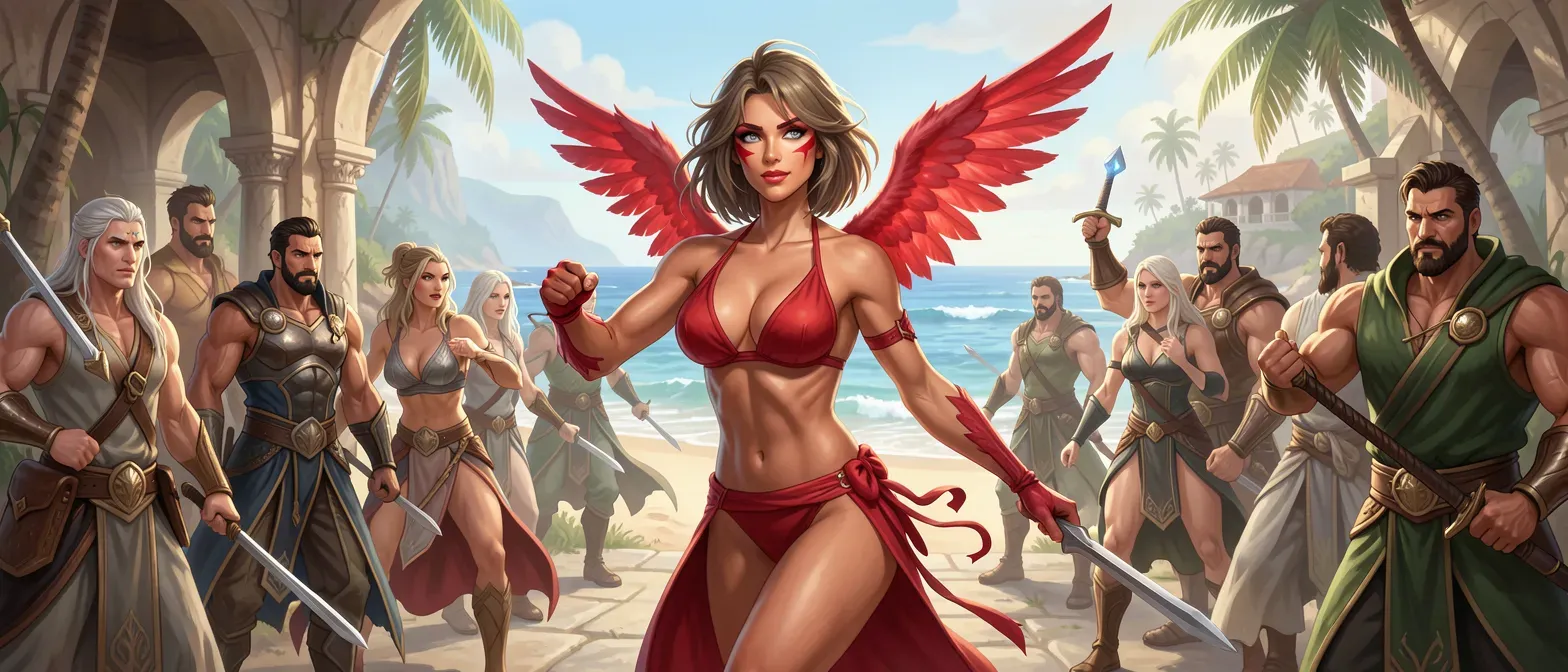 Beautiful 28-year-old Aasimar sorcerer with slightly tanned skin, dirty blond hair, grey eyes, red winged makeup, wearing red swimwear, in a coastal villa surrounded by clones and muscular manservants.