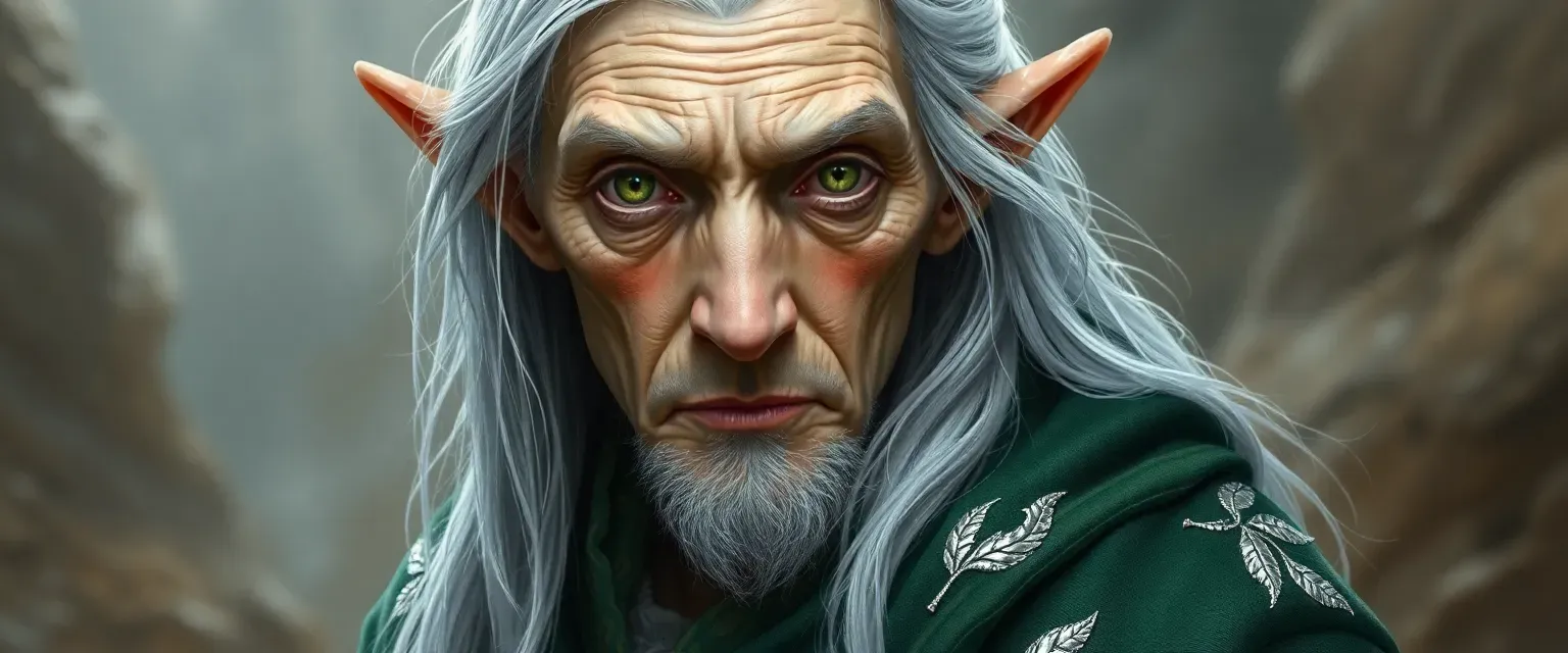 An elderly elf with pale skin, silver hair, and green eyes, wearing a green robe with silver leaf embroidery.