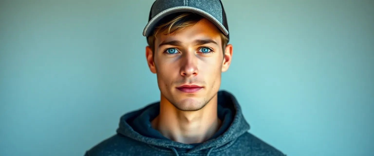 Tall, lean man with sandy brown hair and mischievous blue eyes, wearing a hoodie and ball cap.