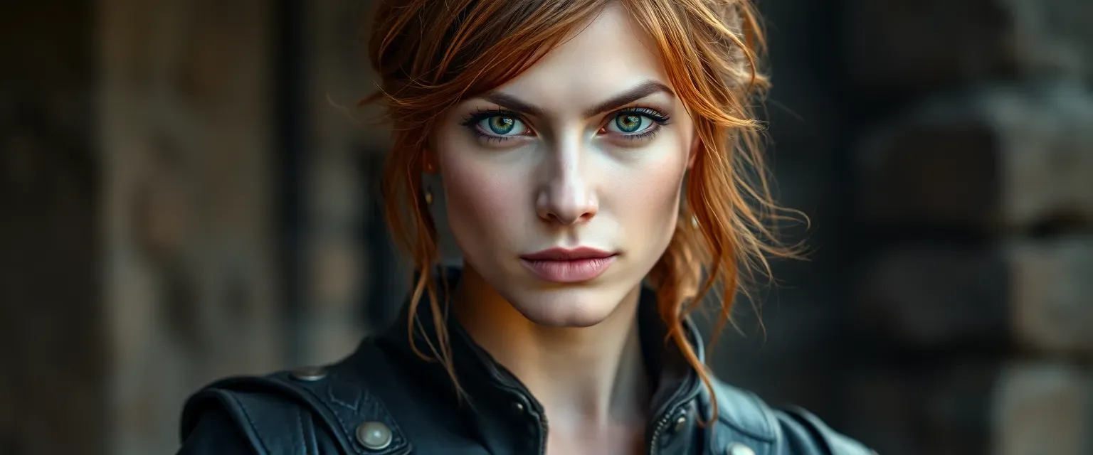 Auburn-haired woman in her late thirties, wearing stained leathers, with piercing green eyes and a determined expression.