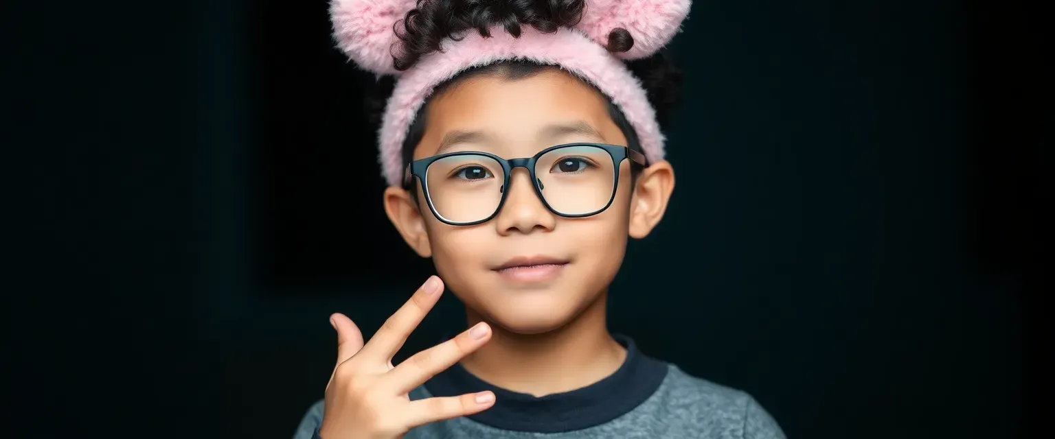 Eleven-year-old JingJing is a Chinese-Sudanese boy with glasses and curly hair wearing an Aquapets pink fluffy Puku ears headband. Born without vocal cords, he uses sign language and a special talking device to communicate.