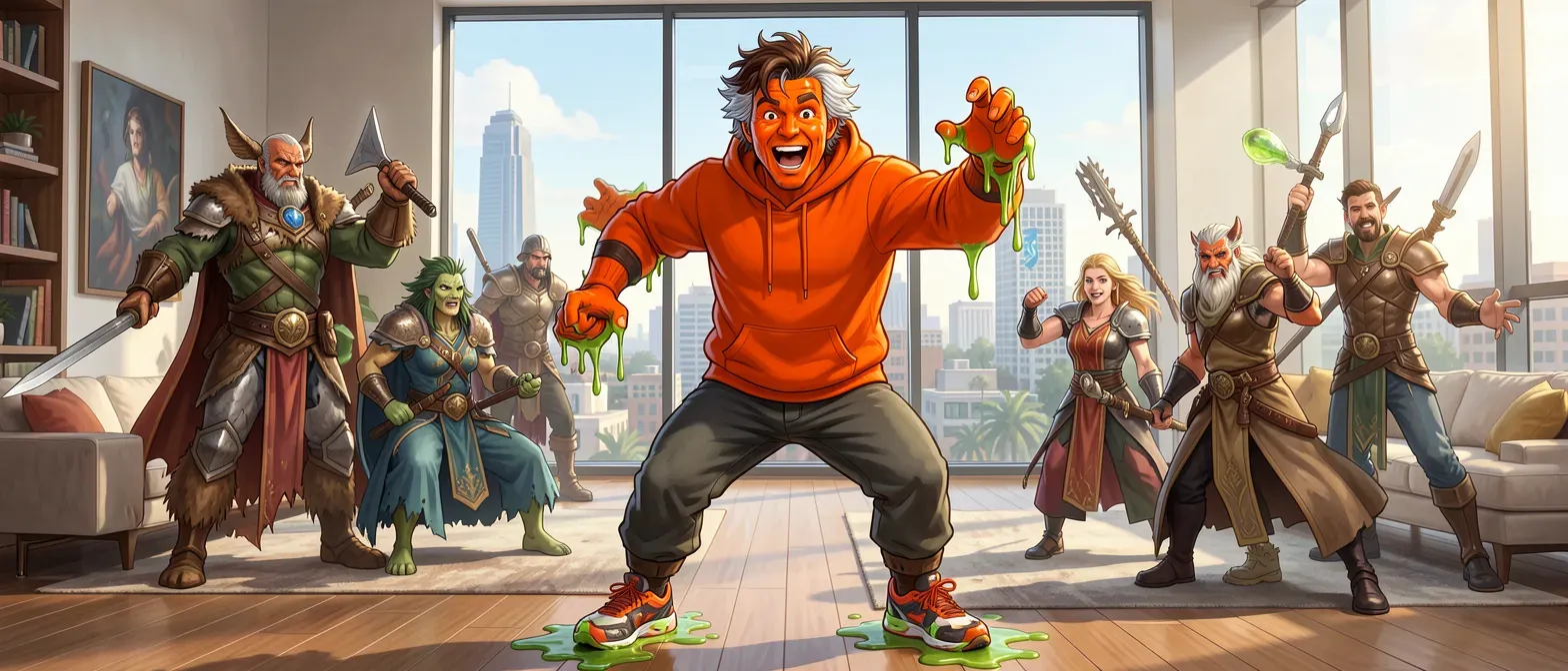 47-year-old man with vibrant orange skin, frizzy silver-streaked brown hair, wearing an orange hoodie and gooey sneakers, slime dripping from hands, enthusiastic expression in a modern LA penthouse.