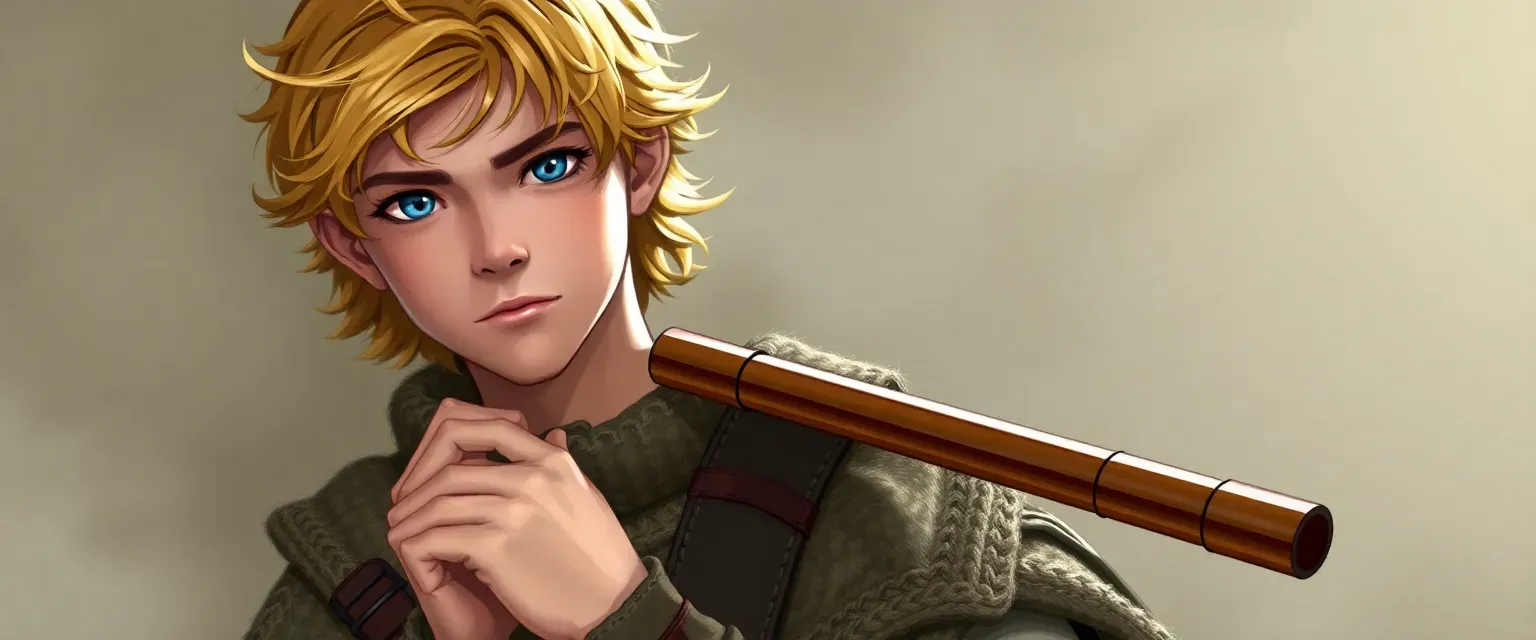 Young man with golden hair and blue eyes, wearing a wool tunic and leather boots, carrying a flute.