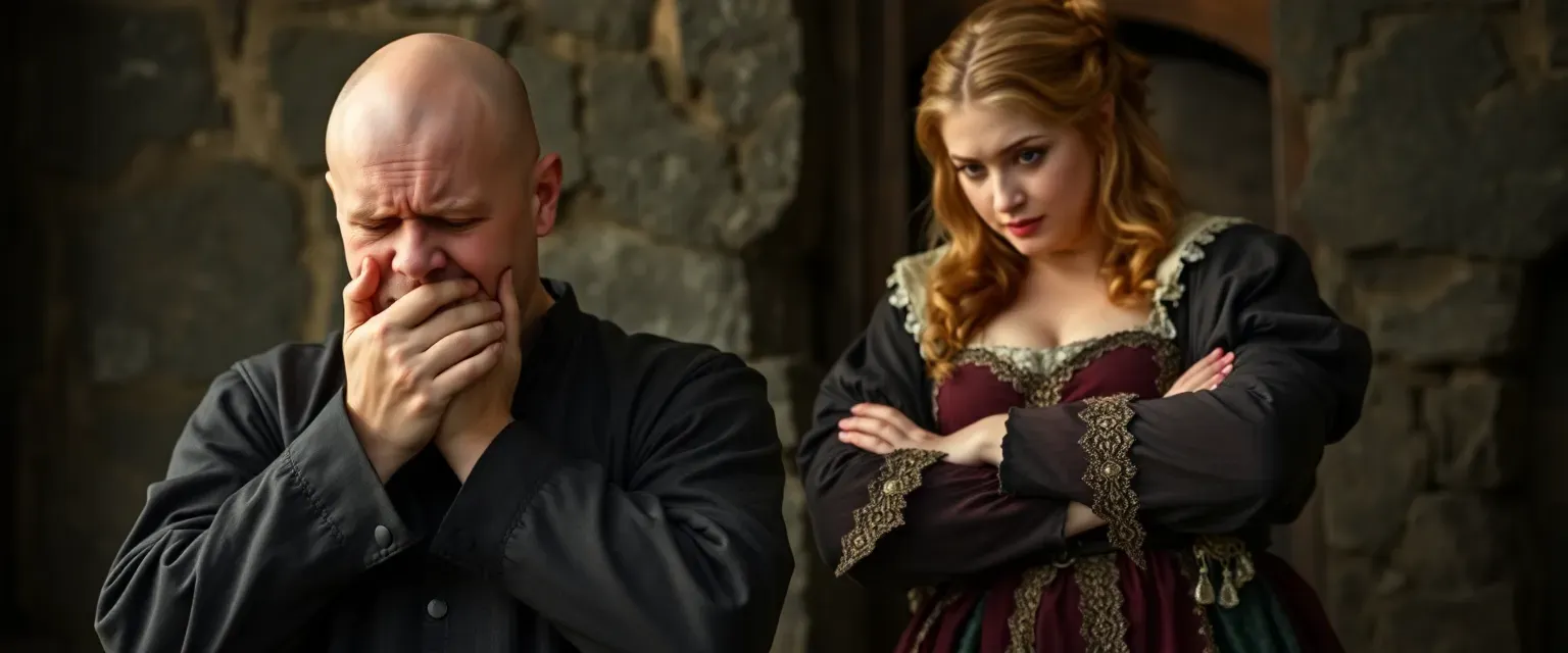A puny, bald man in medieval clothing, clutching his head in despair. A robust woman in a medieval dress, arms crossed, towering over him.