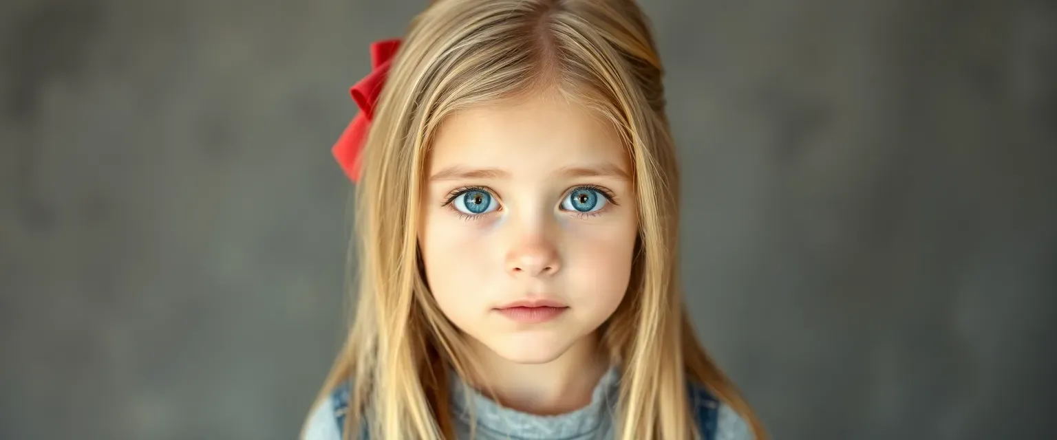 8-year-old girl with long blonde hair, deep blue eyes, petite, wearing blue jeans and a T-shirt or a school uniform.