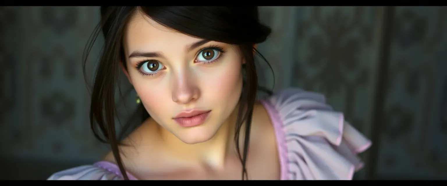 Young woman with long dark hair, large brown eyes, wearing pastel dresses, shy yet expressive.