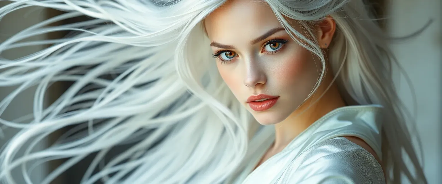 Young woman with flowing white hair and striking red eyes, wearing silken white and silver garments.
