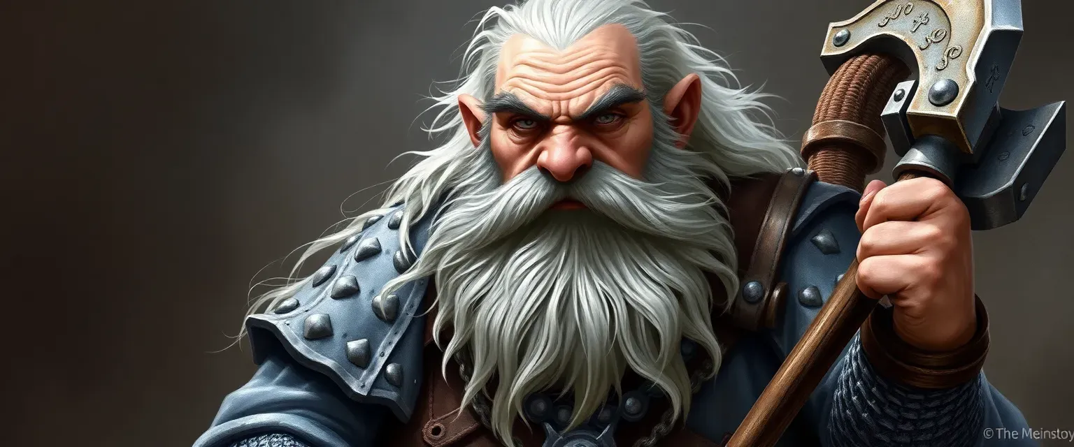 Stout dwarf cleric with silver-streaked beard, chainmail, holy symbols, warhammers, and axes.