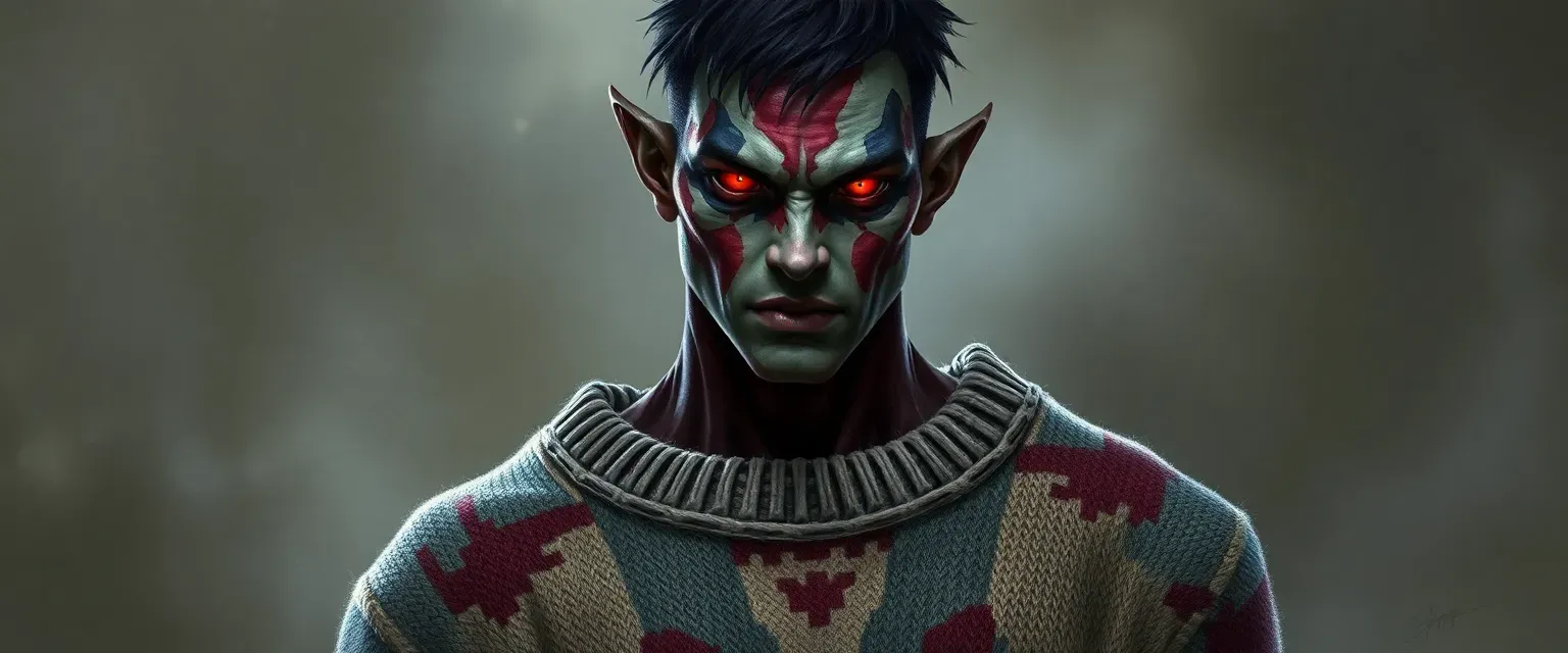 27-year-old male with patchwork skin of scales and flesh, red glowing eyes, wearing a tattered oversized sweater.