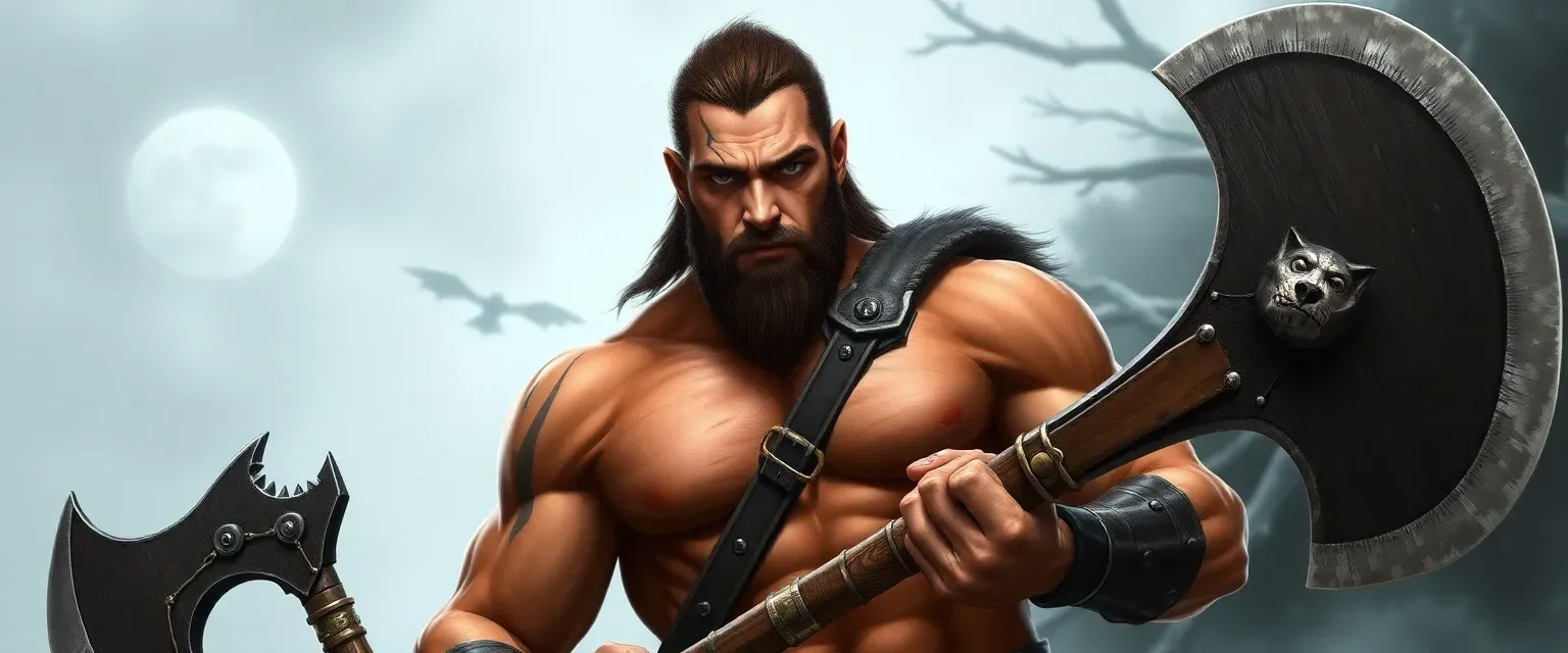 40-year-old muscular human barbarian with blue eyes, scars, and a great axe, capable of transforming into a werewolf.
