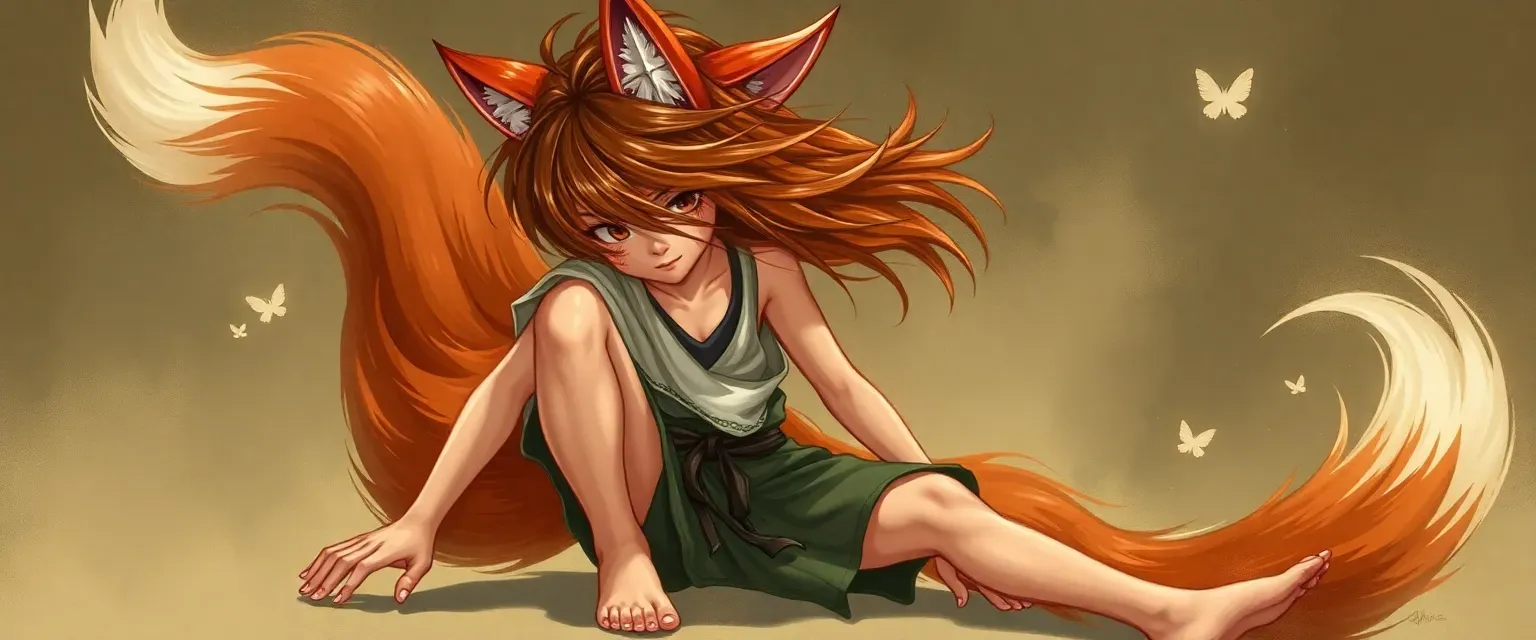 14-year-old immortal 9-tailed fox boy, hair obscuring face, barefoot, playful attire.