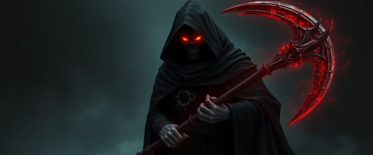 Spectral figure in dark robes, glowing ember eyes, holding a sentient scythe.
