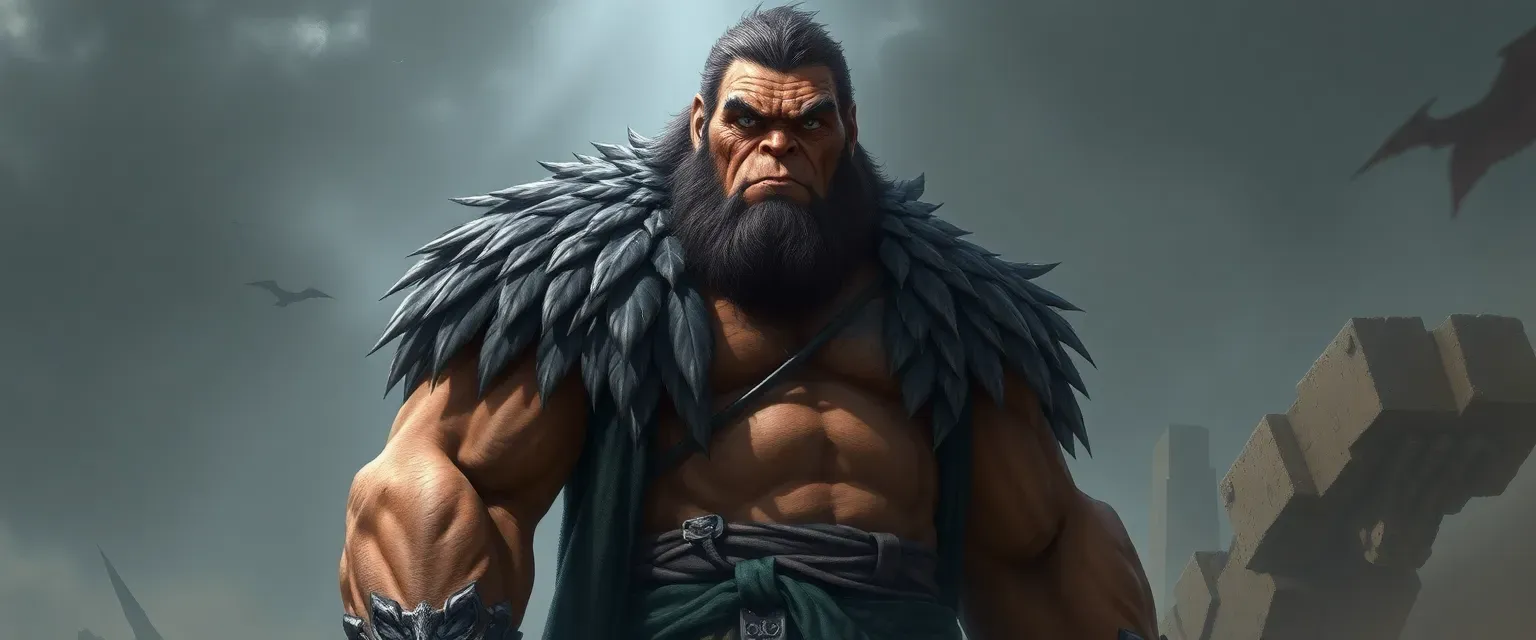 Towering Goliath with weathered, tanned skin and piercing gray eyes, wearing a thunderbird feather cloak and leather boots.