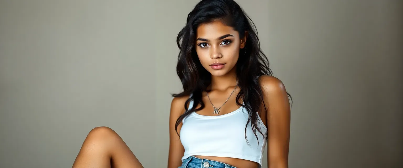 17-year-old girl with dark chocolate waves, central heterochromia, freckled nose, soft pink lips, wearing denim shorts, white crop top, sneakers, and a 'K' necklace.