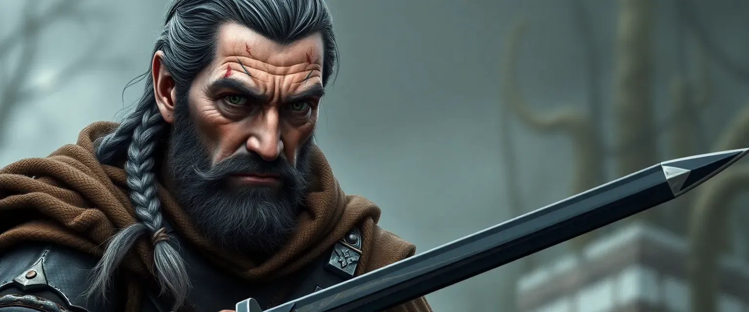 A grim 43-year-old ranger commander with silver-streaked dark hair in a braid, scarred weathered face, storm-gray eyes, wearing leather armor and cloak, wielding a twin-bladed obsidian sword at his hip.