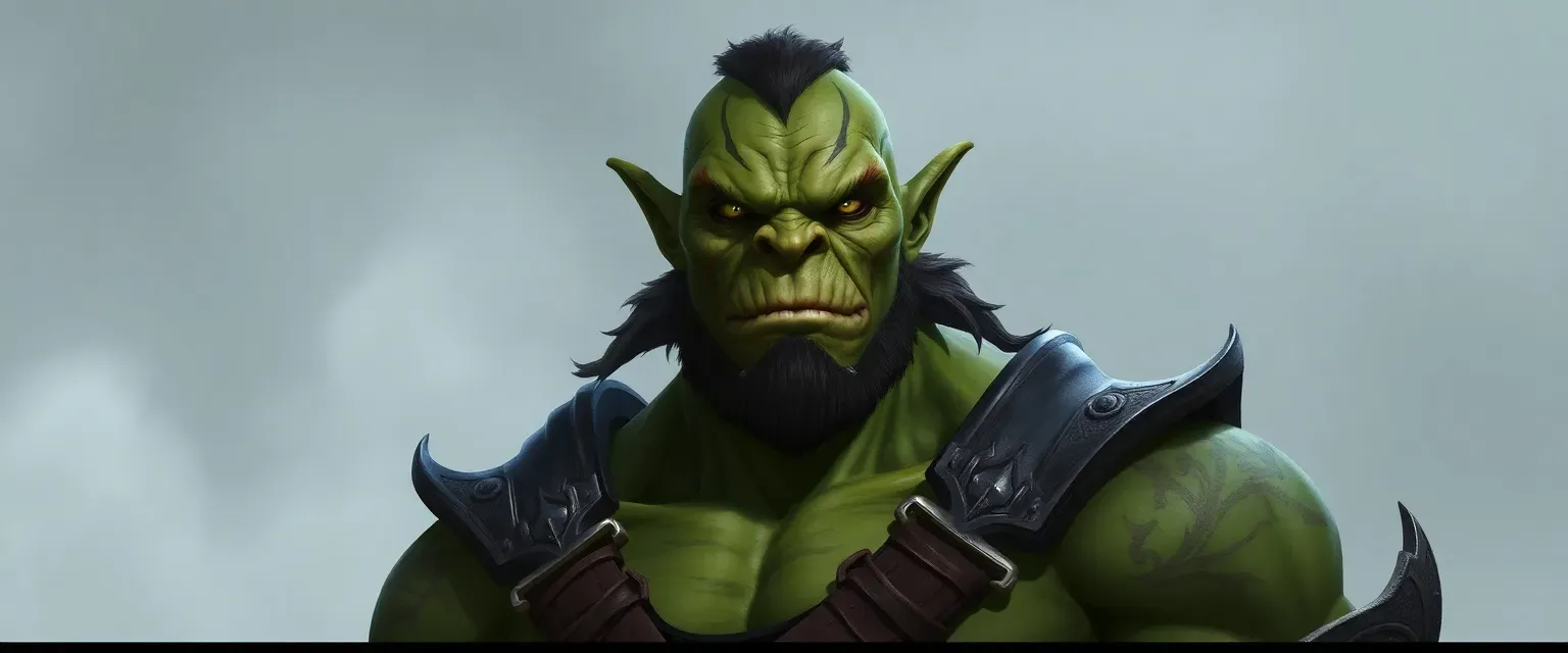 Tall orc with green skin, yellow eyes, muscular build, adorned with faded tattoos, wearing armor.