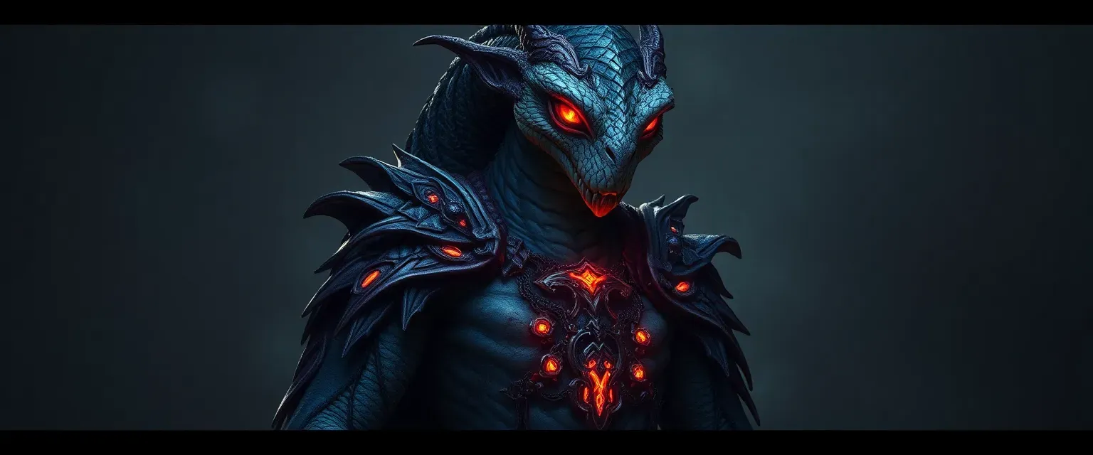 Tall, serpentine humanoid with glowing scales, eerie eyes, and tattered, fused regal attire.