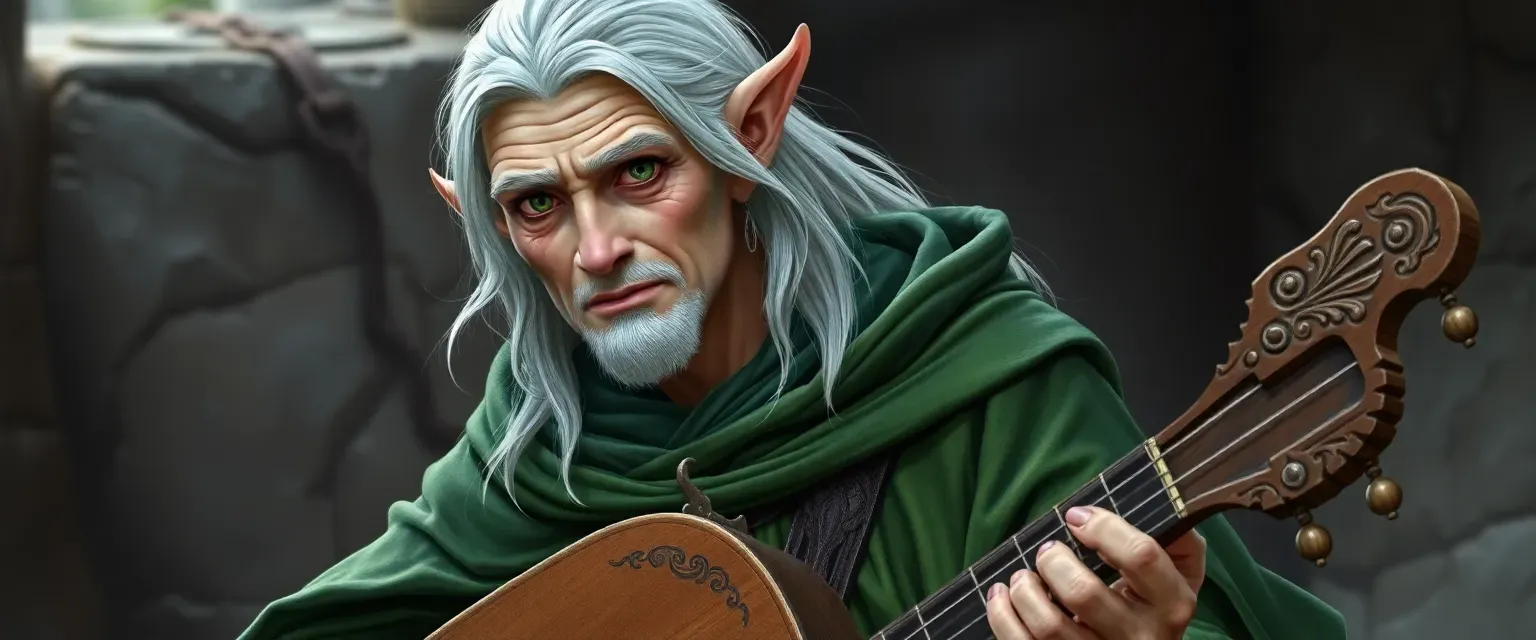 75-year-old elf bard with silver hair and green eyes, wearing a vibrant green tunic and cloak, holding a carved lute.
