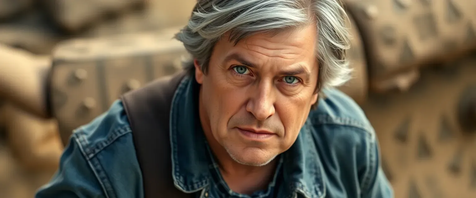 Middle-aged man, salt-and-pepper hair, brown eyes, casual attire with a denim jacket, slight paunch.