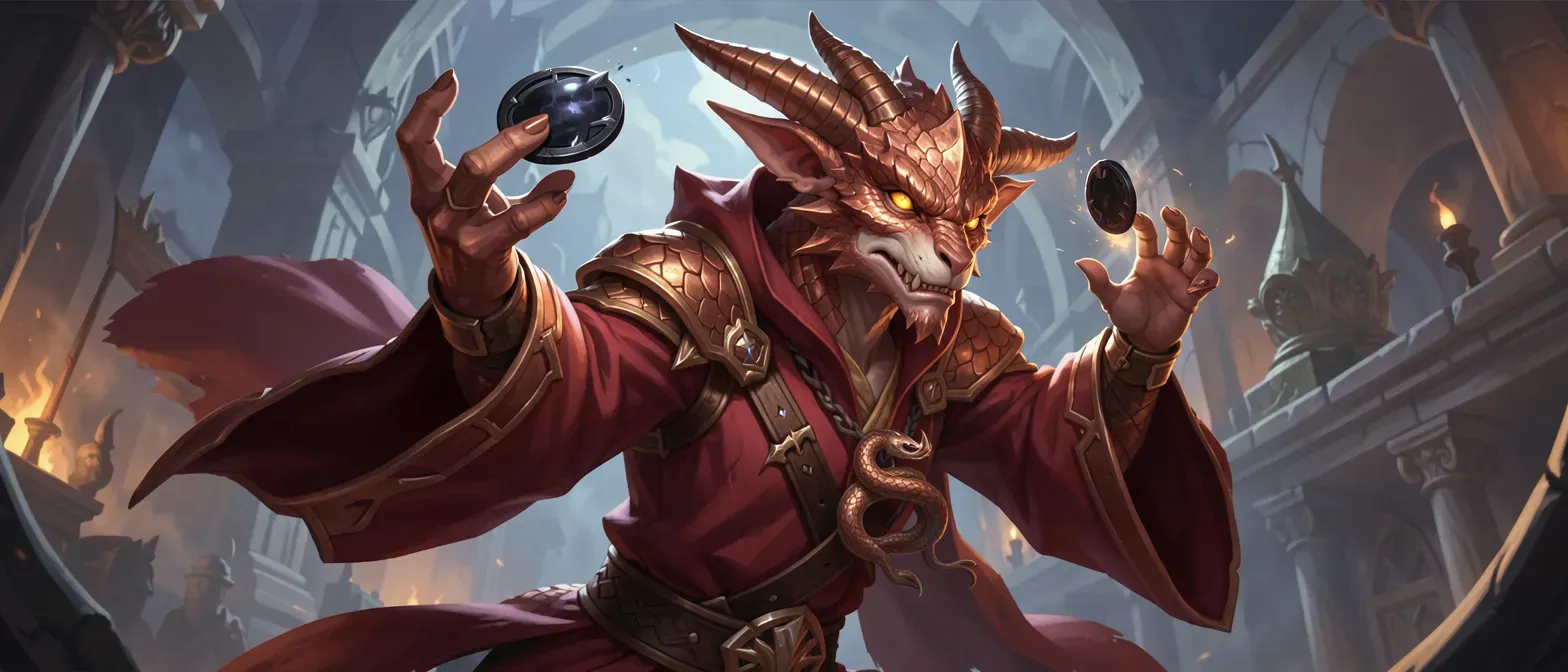 Copper-scaled dragonborn sorcerer in crimson robes, twirling an obsidian coin, with golden eyes and a serpent amulet.