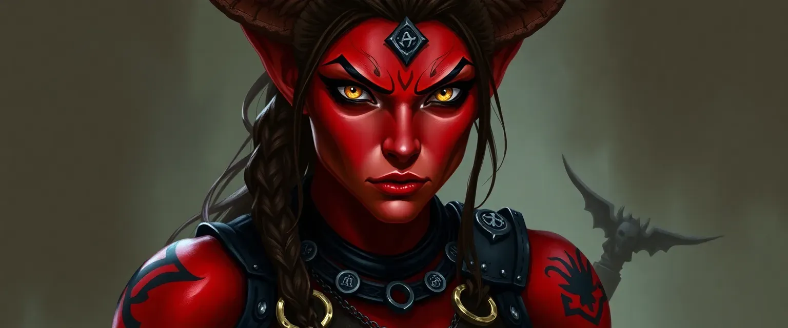 Crimson-skinned Tiefling woman with yellow eyes, muscular, wearing leather and chainmail with tattoos and symbols.