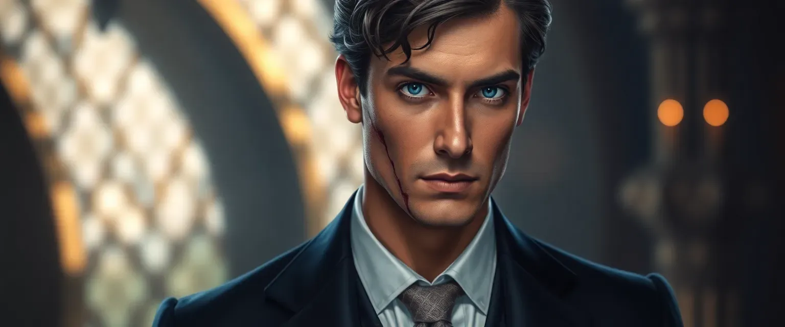 Late twenties prince with a face scar, dressed in fine suits, dark hair, piercing blue eyes.